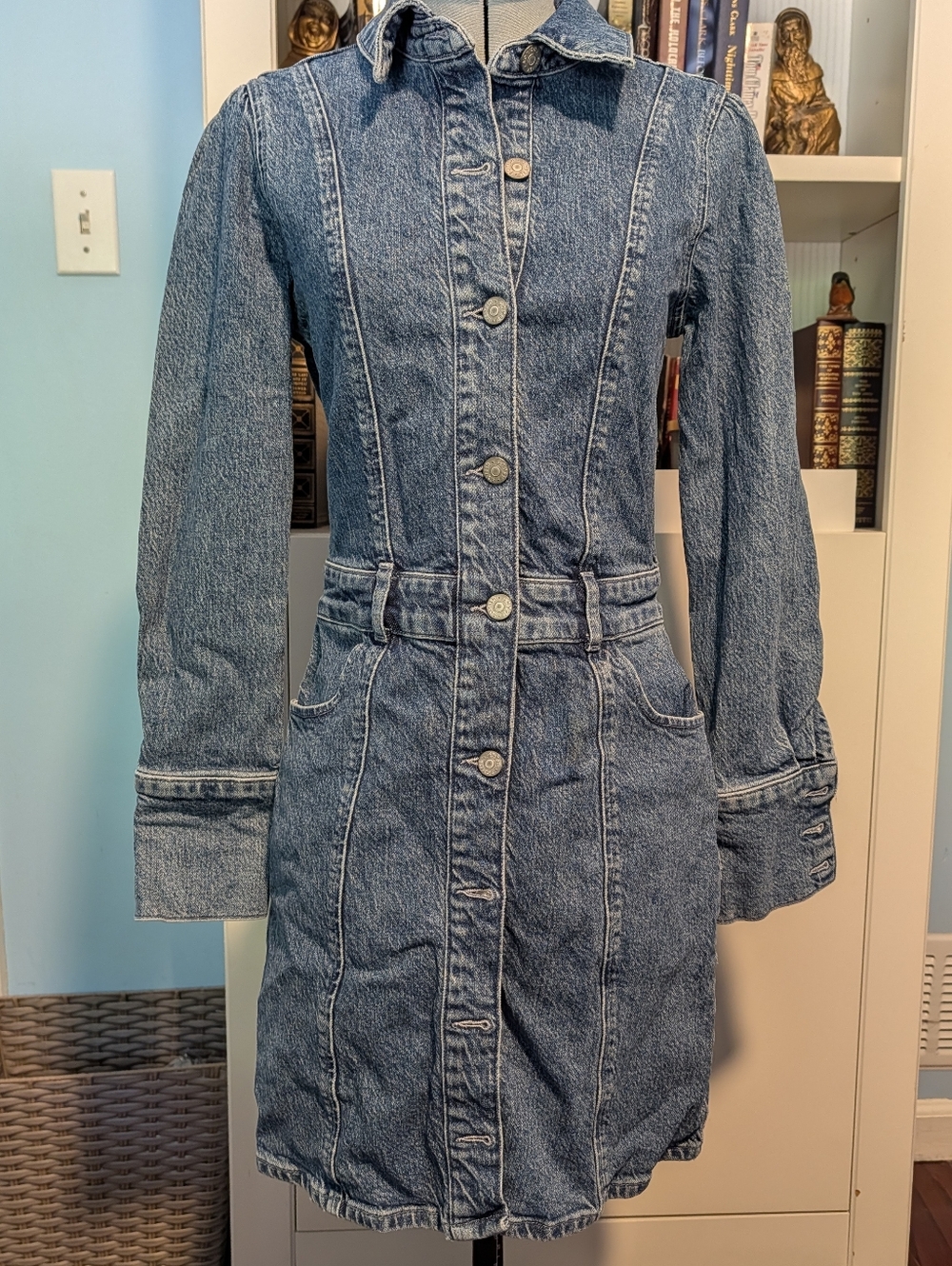 Boyish Women's Denim Button-Up Shirt Dress in Washed Blue